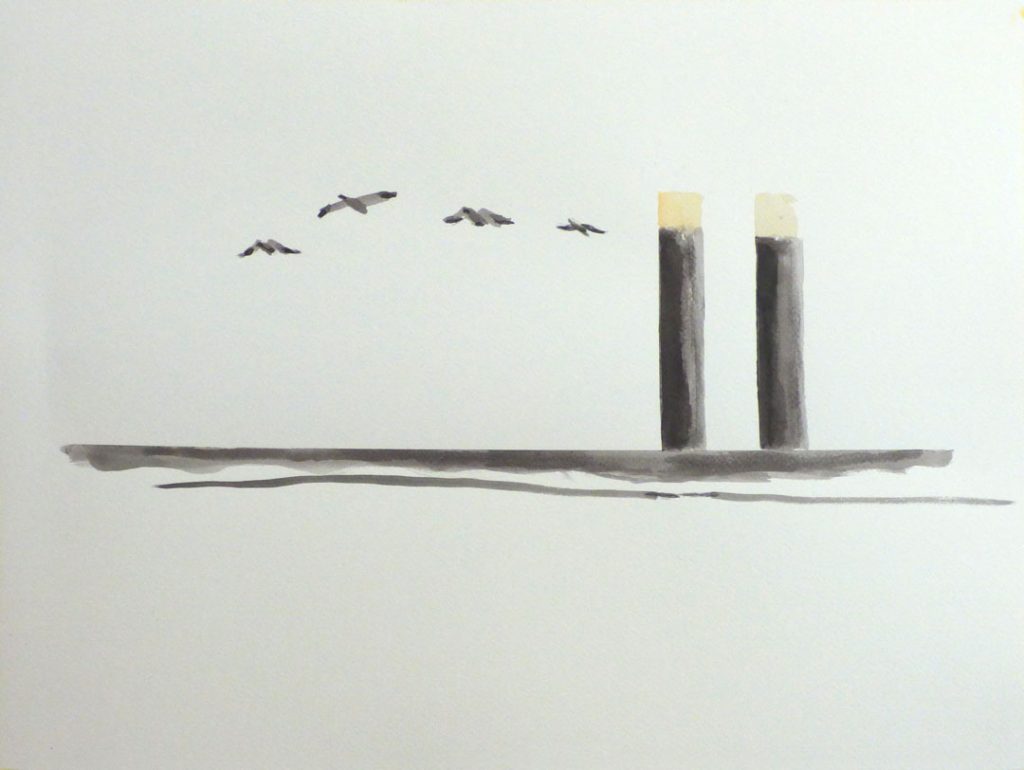Seagulls and Pilons, Watercolor on Paper