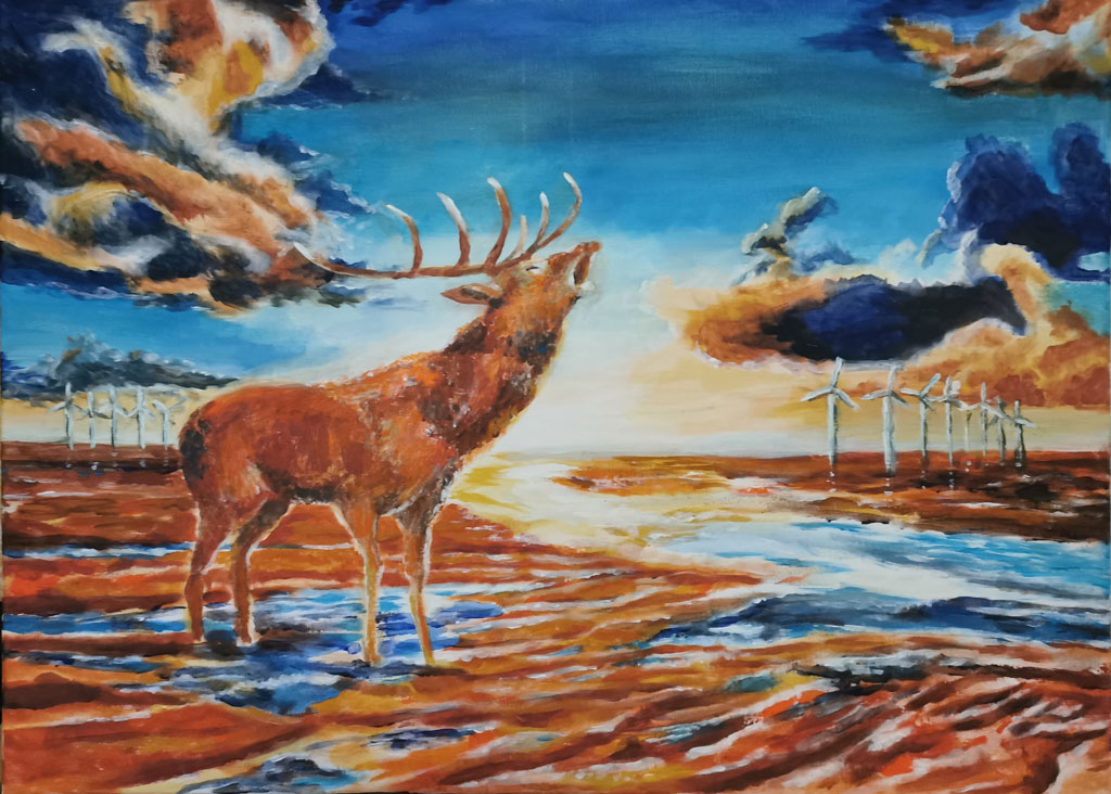 Röhrender Hirsch im Watt 2 - Roaring Deer in the Mud 2, Acryl on Canvas 80x60 cm