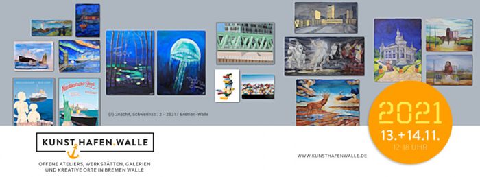 Ausstellungsplakat KUNST.HAFEN.WALLE 2021 mit Gemälde-Collage.